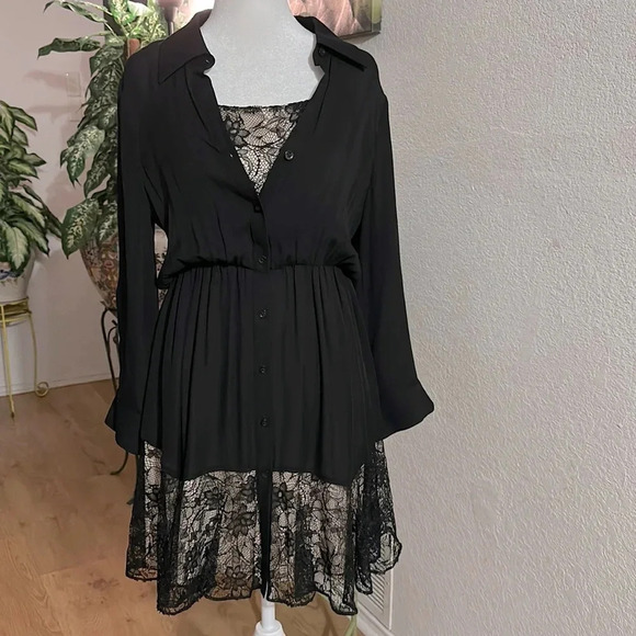 Alice + Olivia sheer lace longsleeve high Collar silk slip black dress size S - Picture 1 of 12